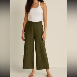 ORIMONO Olive Green Linen Cotton Wide Leg Cropped Pants | Size S